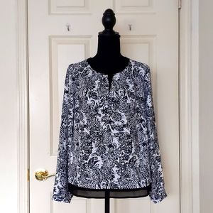 NWOT. Forever 21 Black and White Floral Long Sleeve Blouse w/Black Sheer Trim.